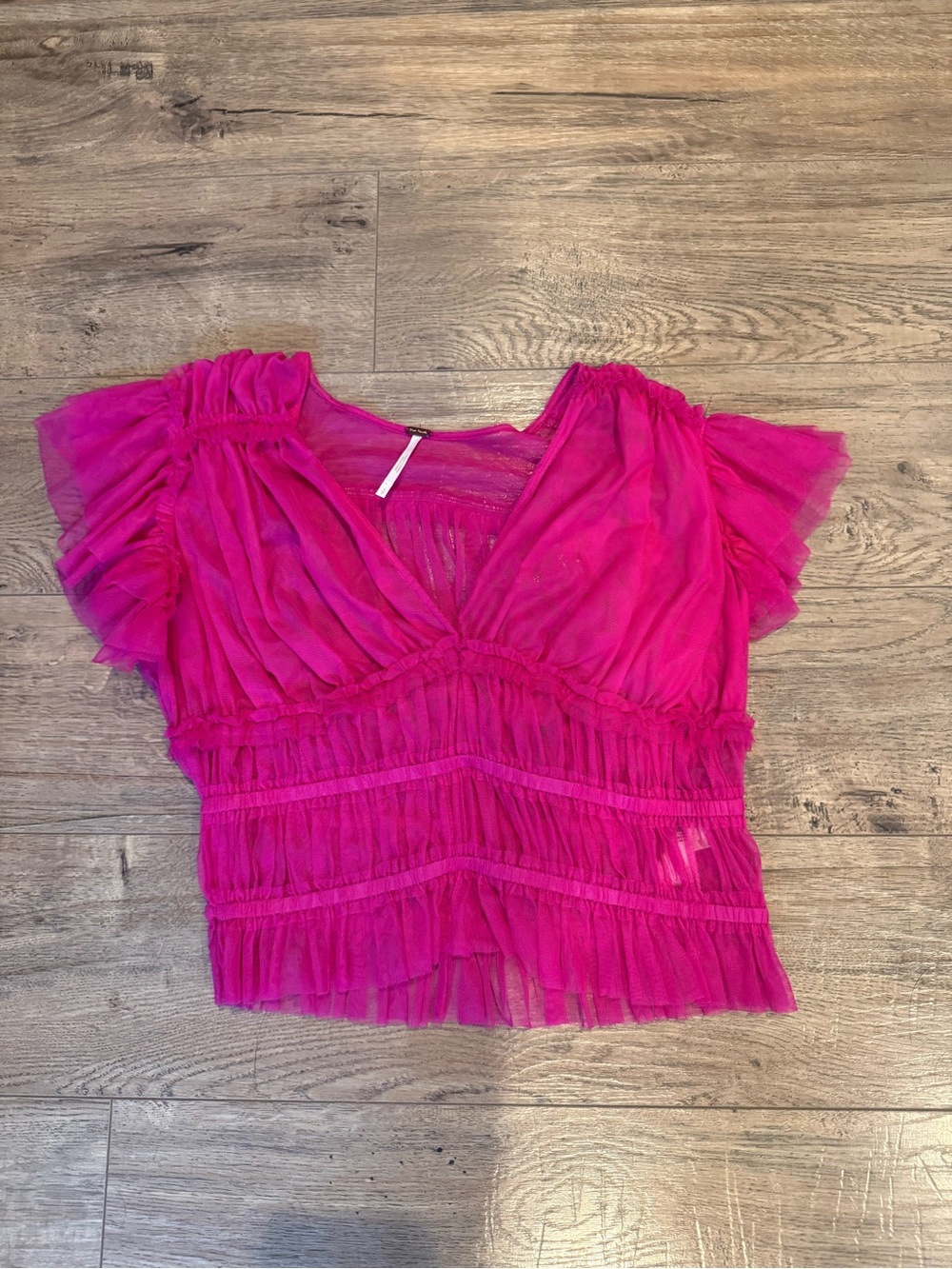 Free People Fuchsia Sheer Ruffled V-Neck Top